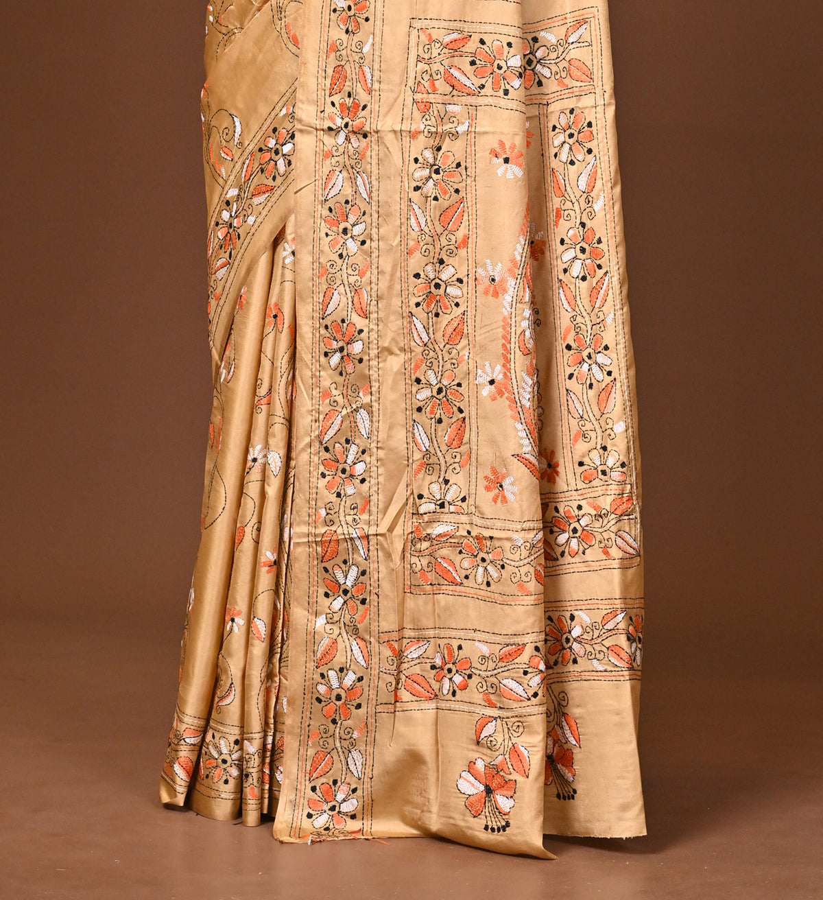 Blended Silk Kantha Stitch Saree Beige