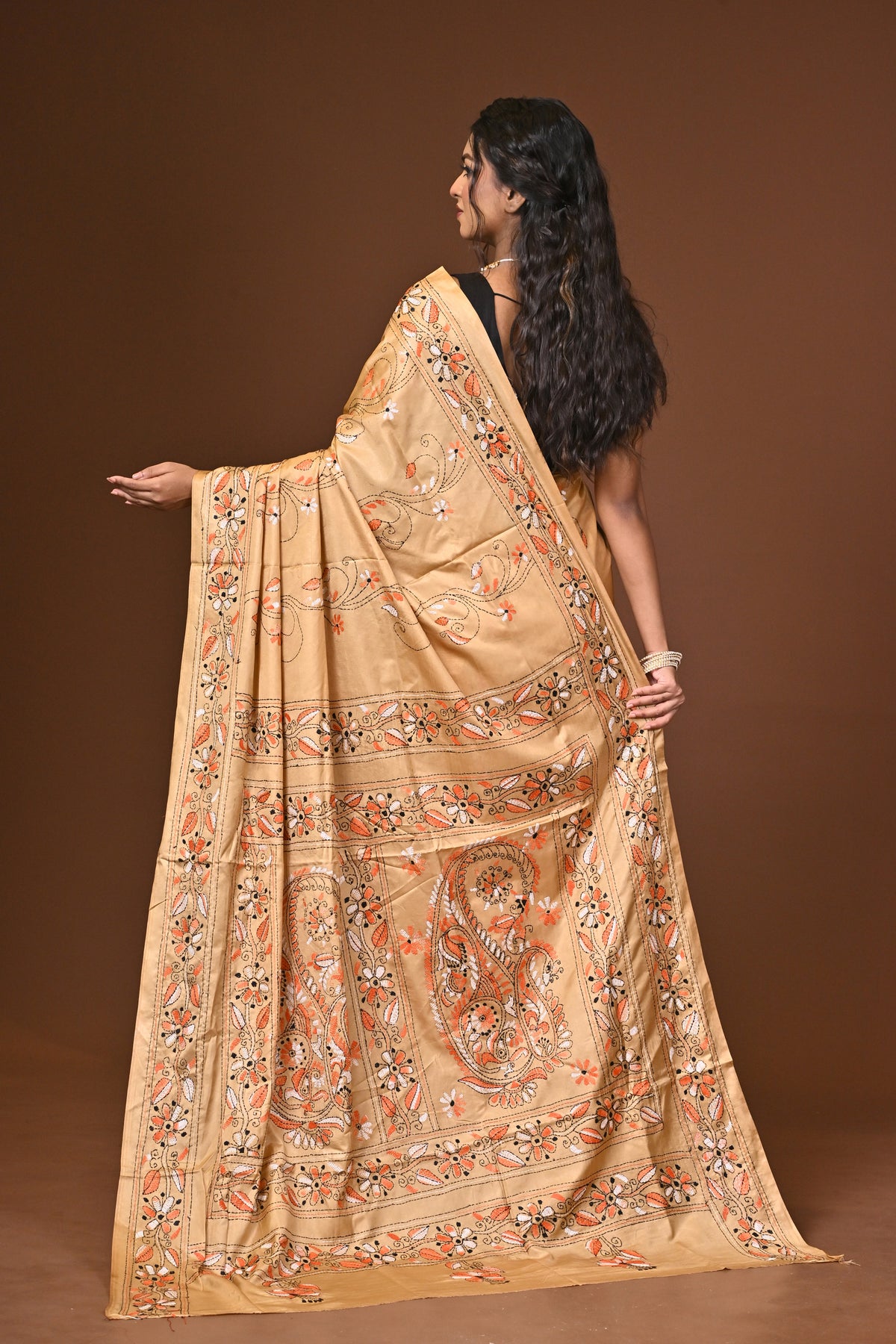 Blended Silk Kantha Stitch Saree Beige