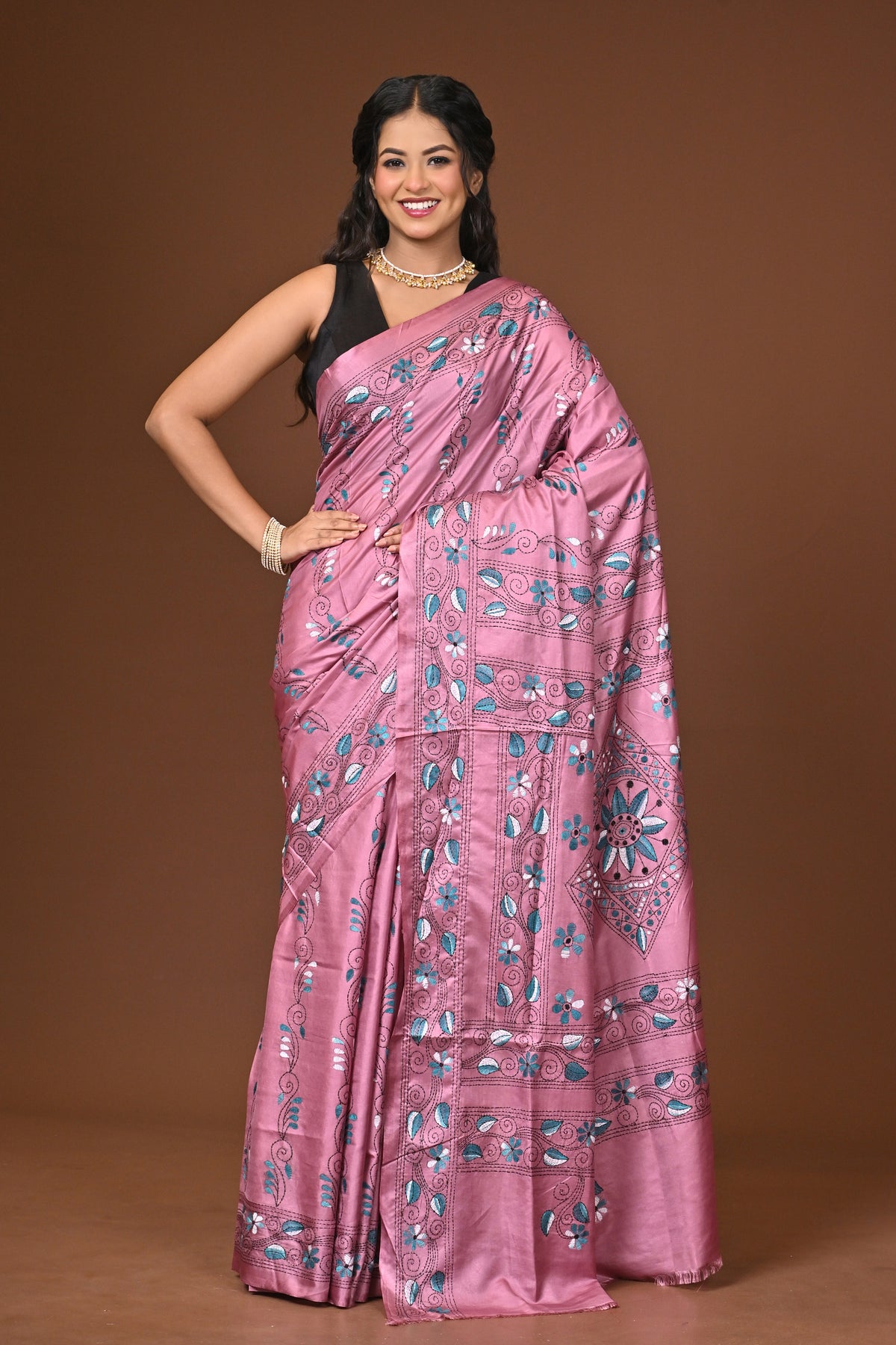 Blended Silk Kantha Stitch Saree Pink