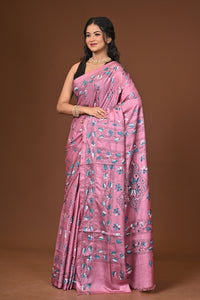 Blended Silk Kantha Stitch Saree Pink