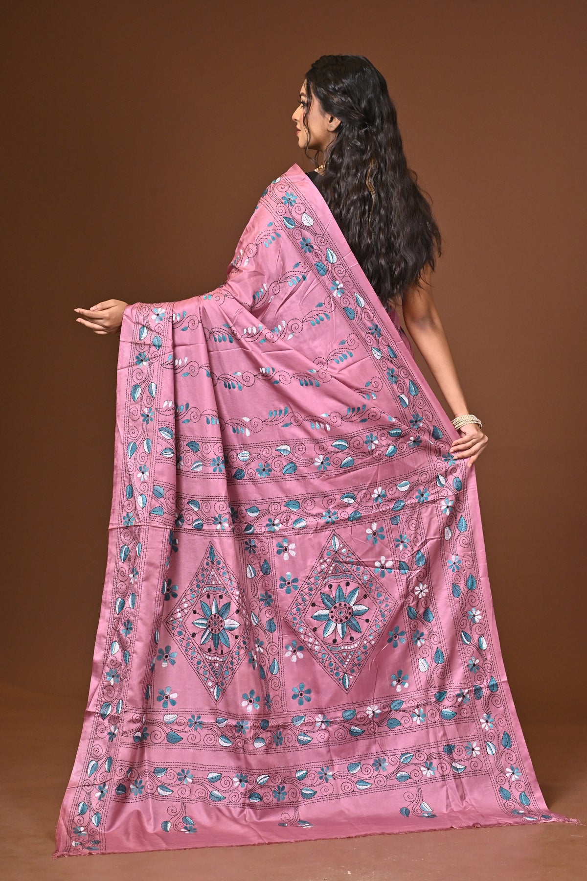 Blended Silk Kantha Stitch Saree Pink