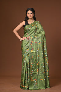 Blended Silk Kantha Stitch Saree Green