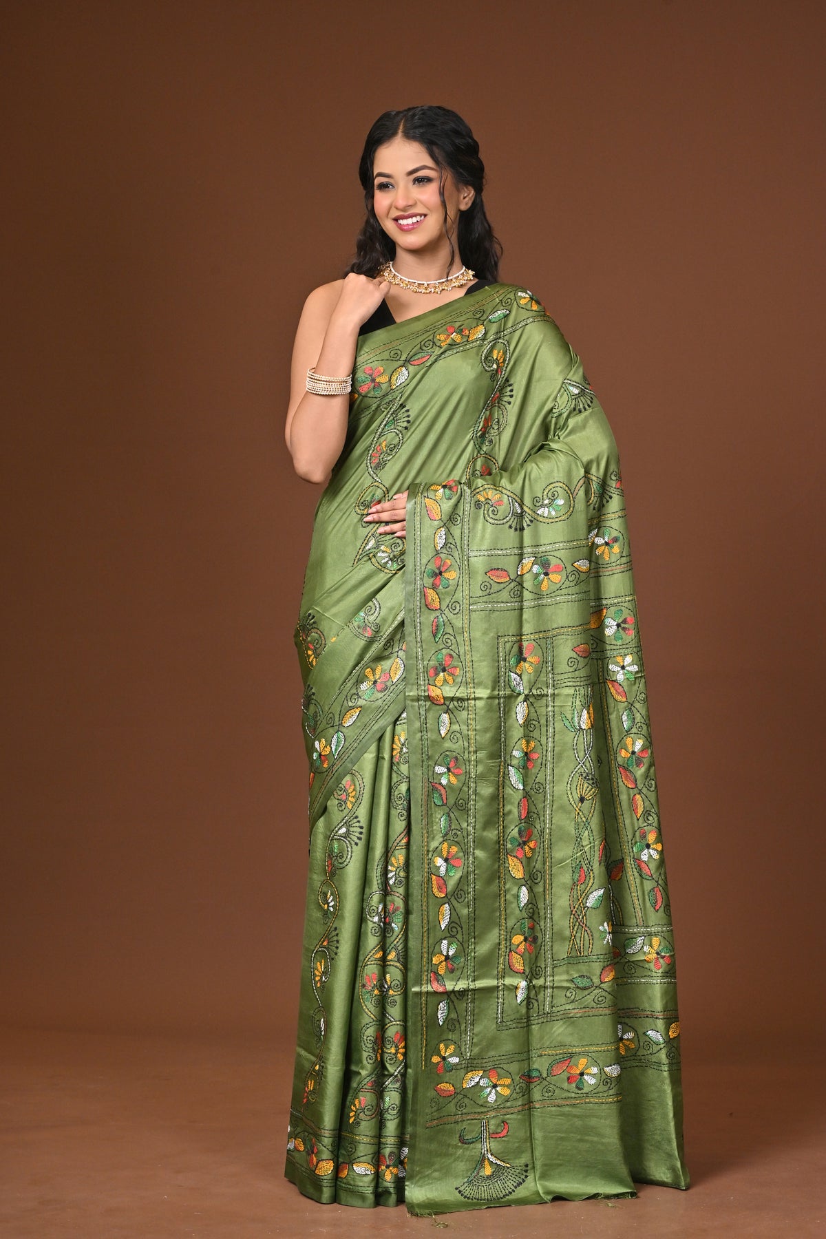 Blended Silk Kantha Stitch Saree Green