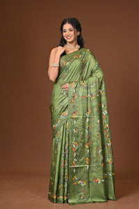 Blended Silk Kantha Stitch Saree Green