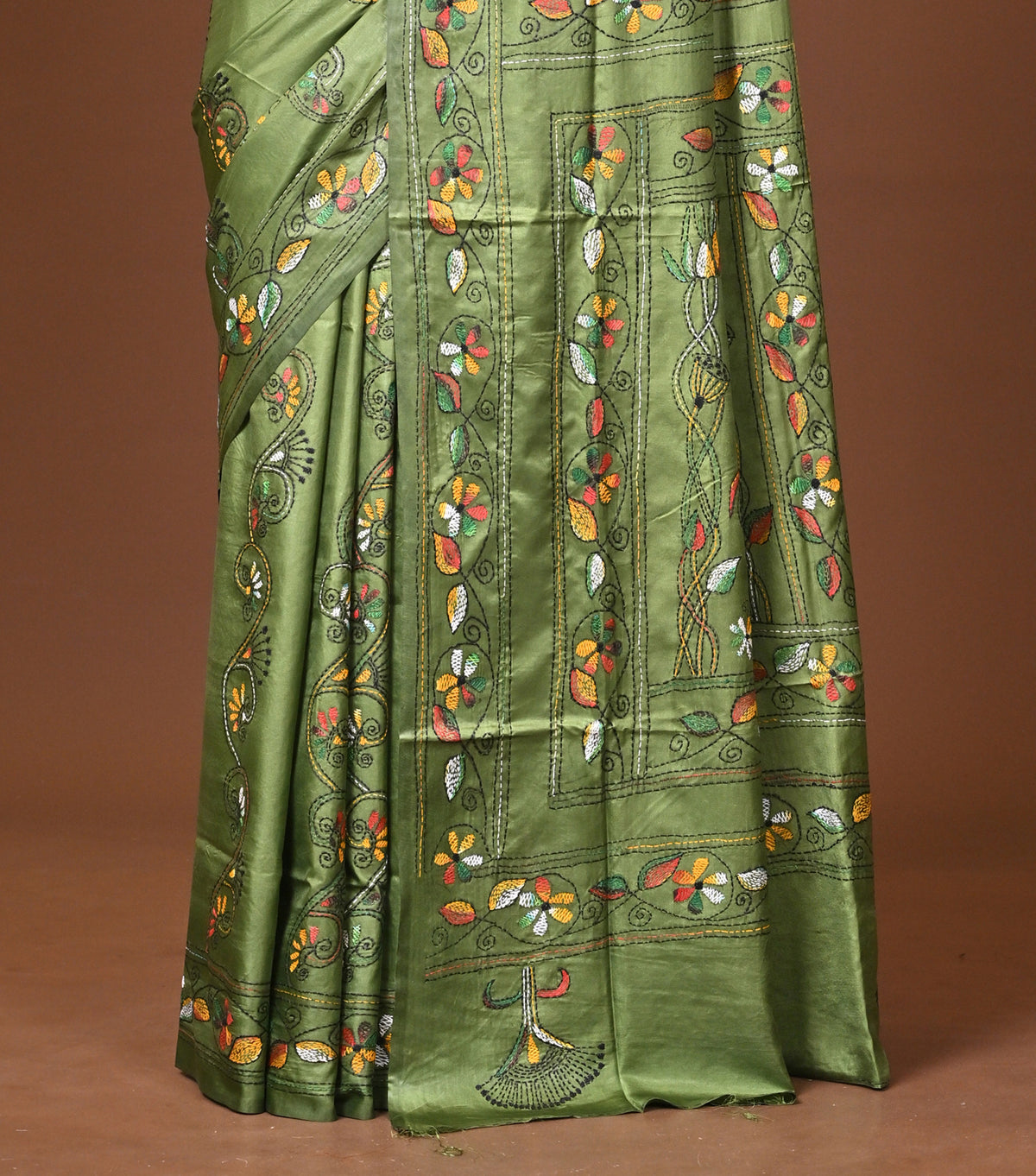 Blended Silk Kantha Stitch Saree Green