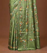 Blended Silk Kantha Stitch Saree Green