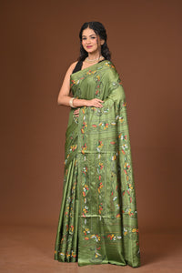 Blended Silk Kantha Stitch Saree Green
