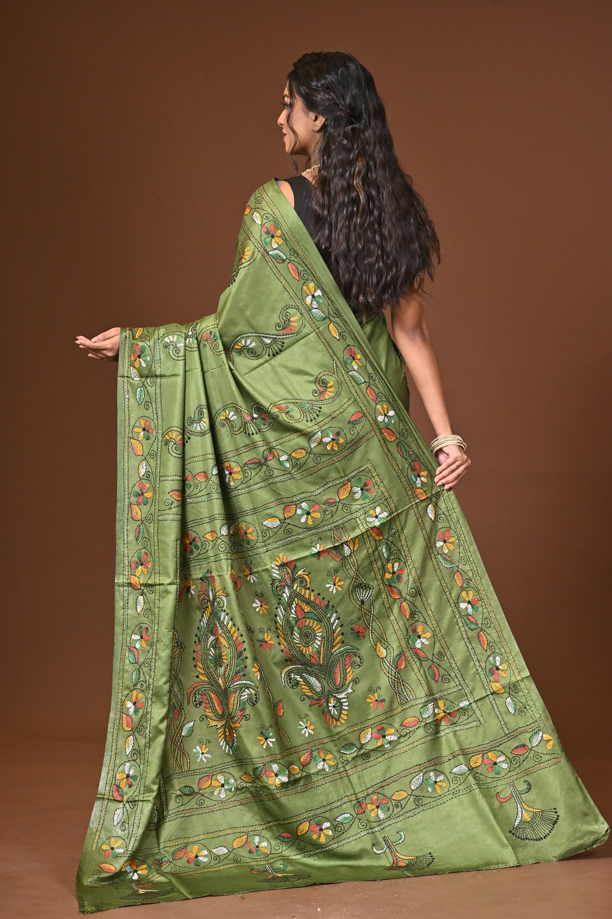 Blended Silk Kantha Stitch Saree Green