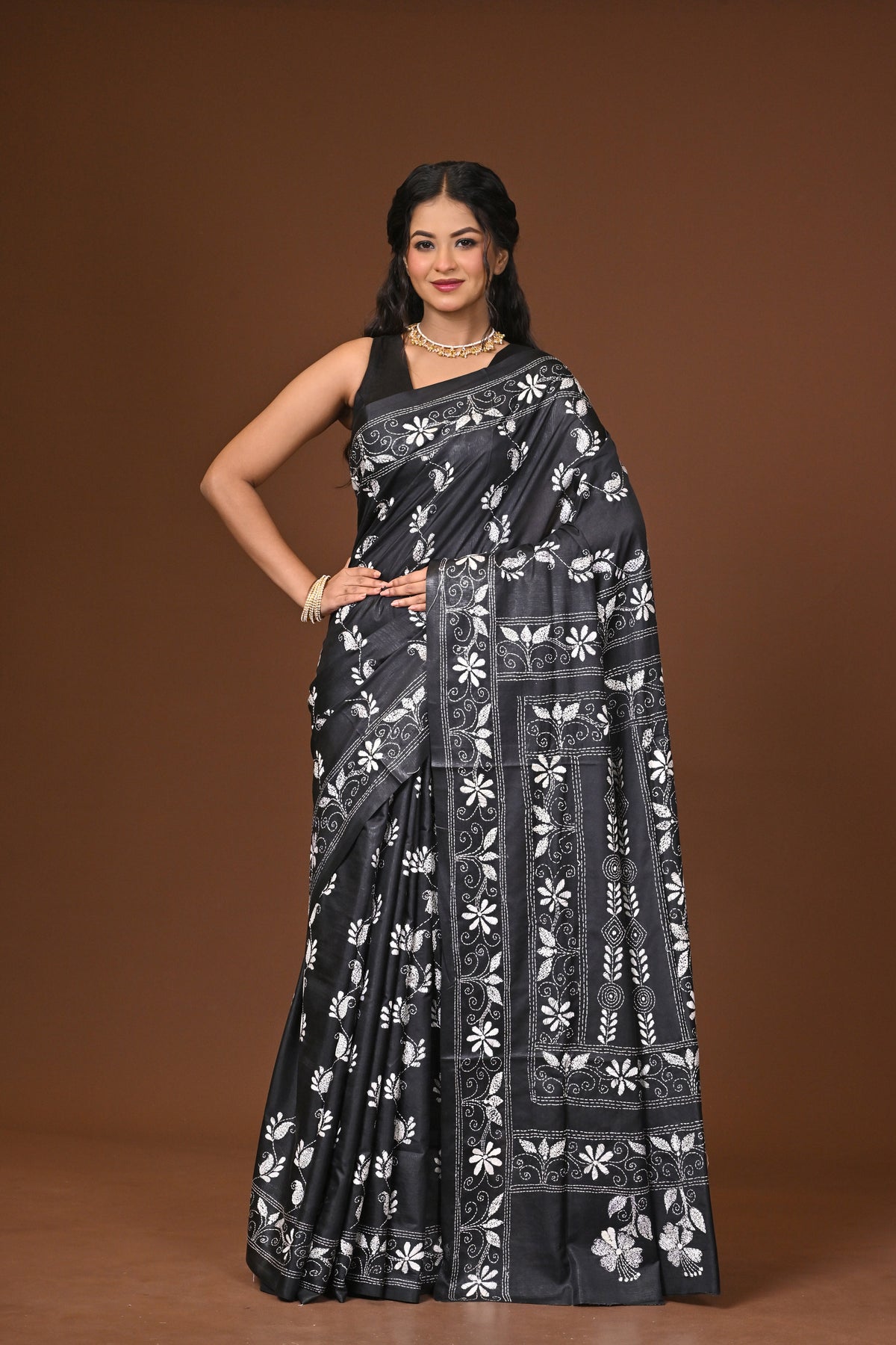 Blended Silk Kantha Stitch Saree Black