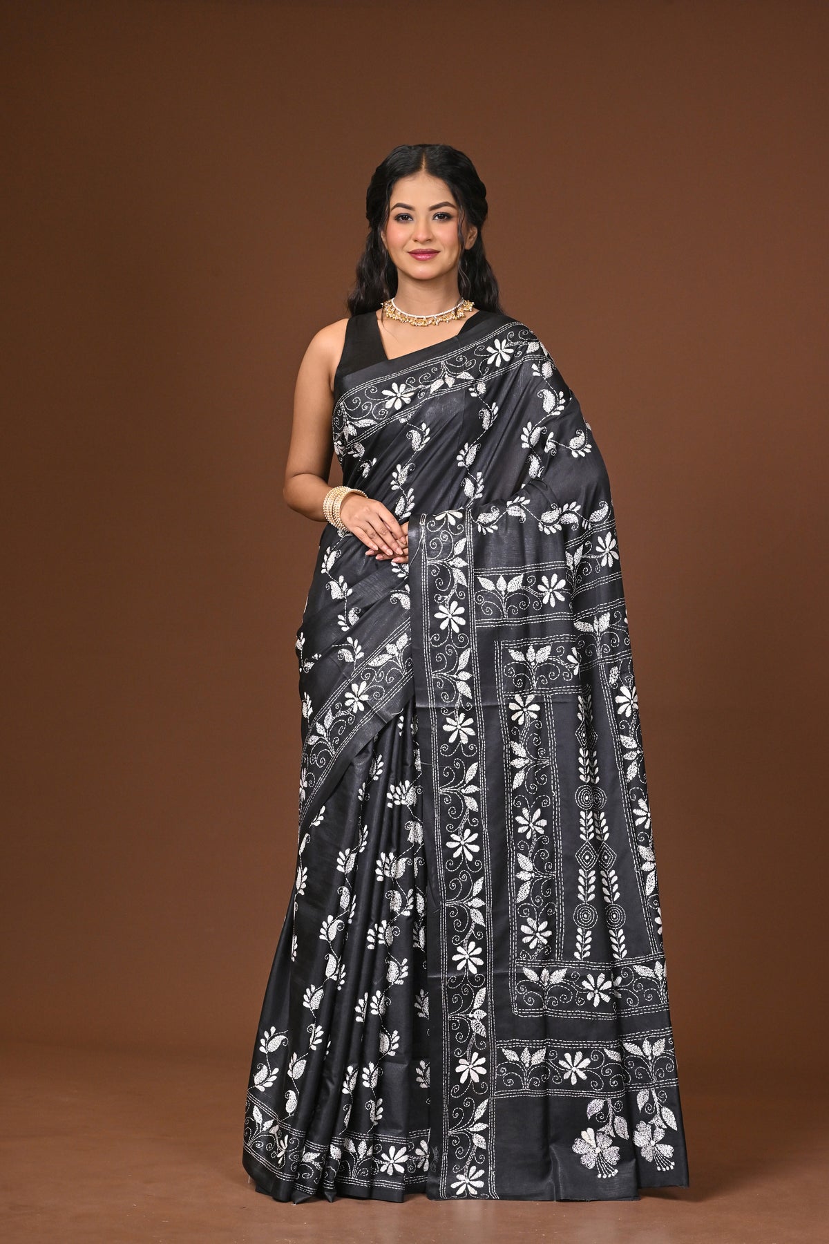 Blended Silk Kantha Stitch Saree Black