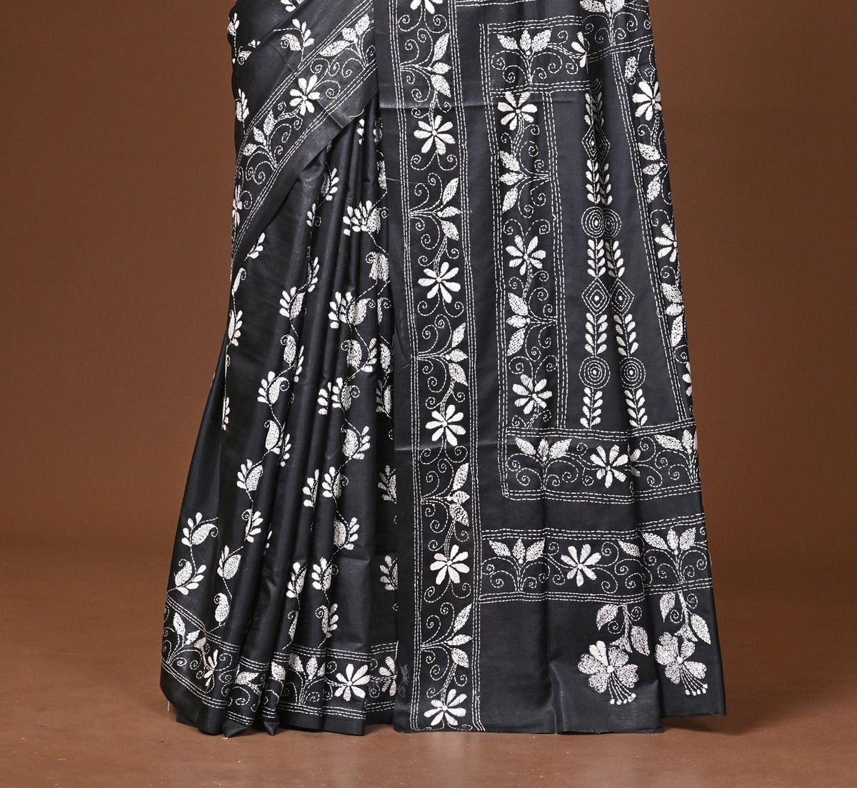 Blended Silk Kantha Stitch Saree Black