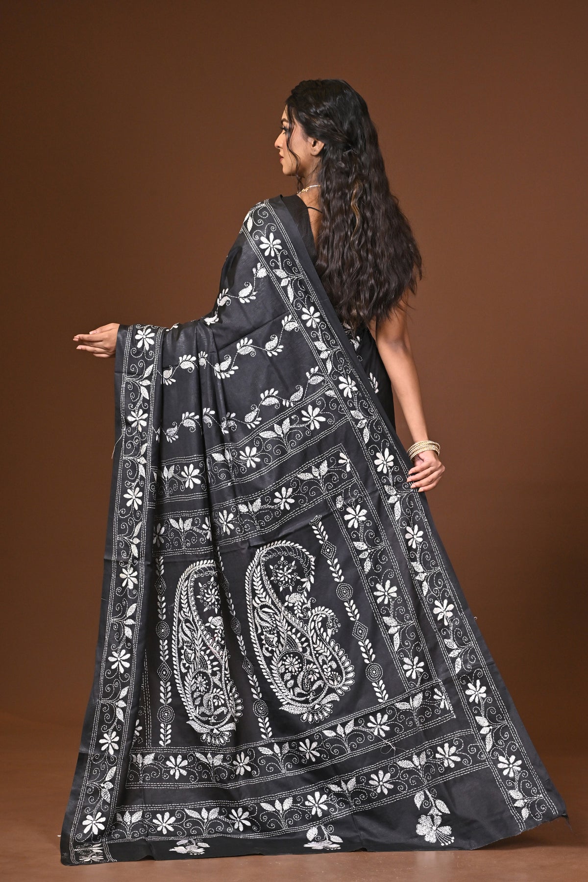 Blended Silk Kantha Stitch Saree Black