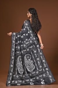 Blended Silk Kantha Stitch Saree Black