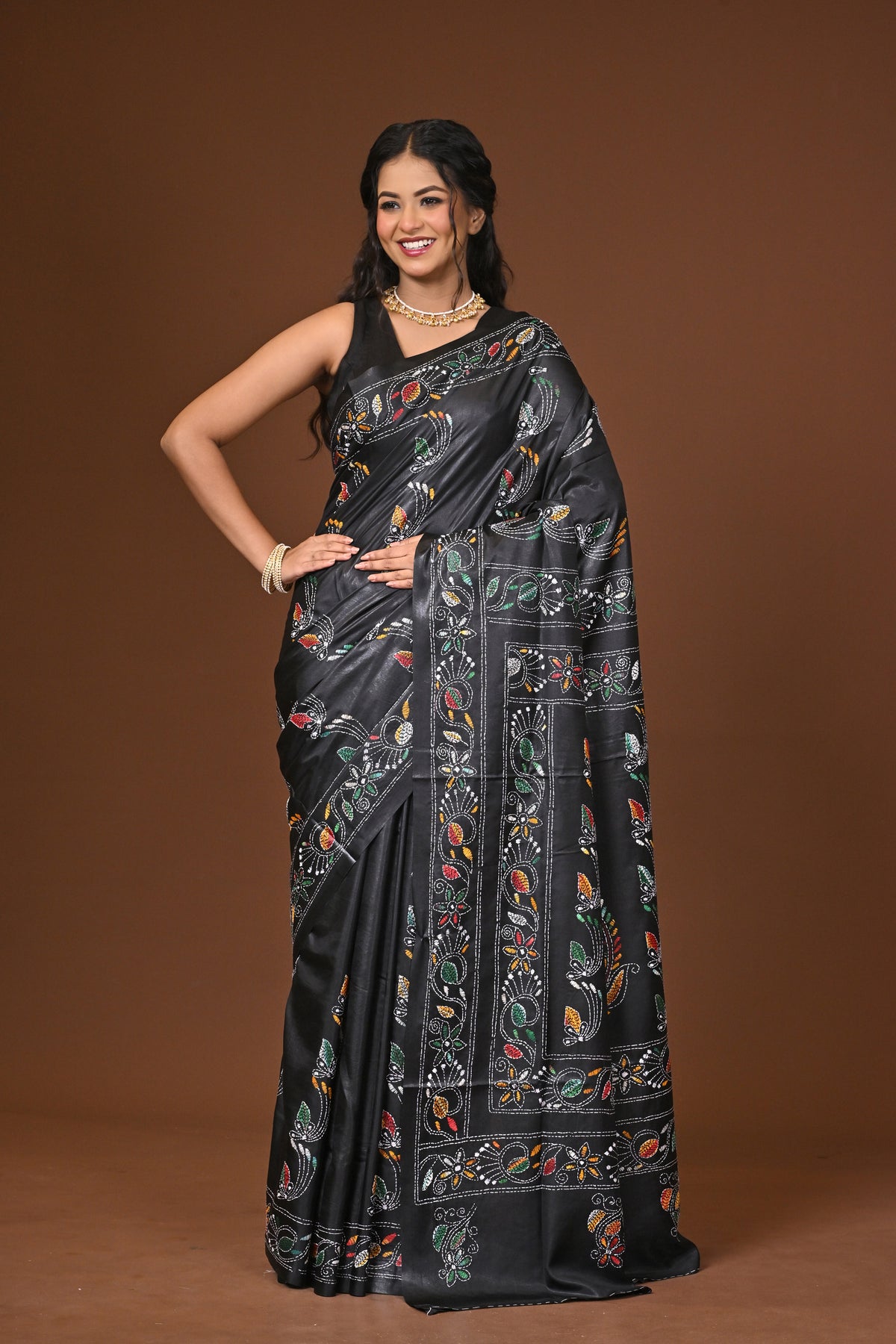 Blended Silk Kantha Stitch Saree Black