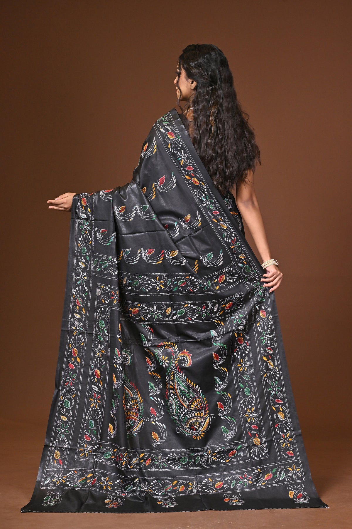 Blended Silk Kantha Stitch Saree Black