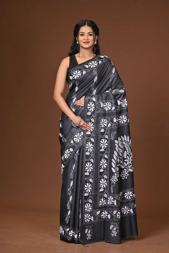 Blended Silk Kantha Stitch Saree
