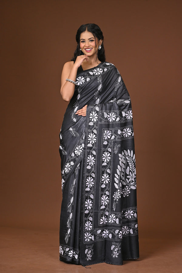 Blended Silk Kantha Stitch Saree