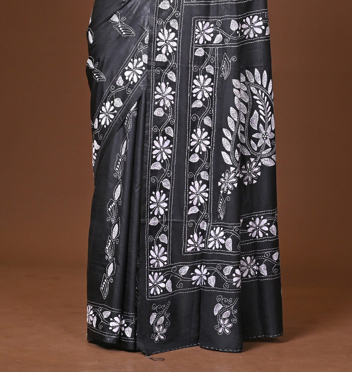 Blended Silk Kantha Stitch Saree Black