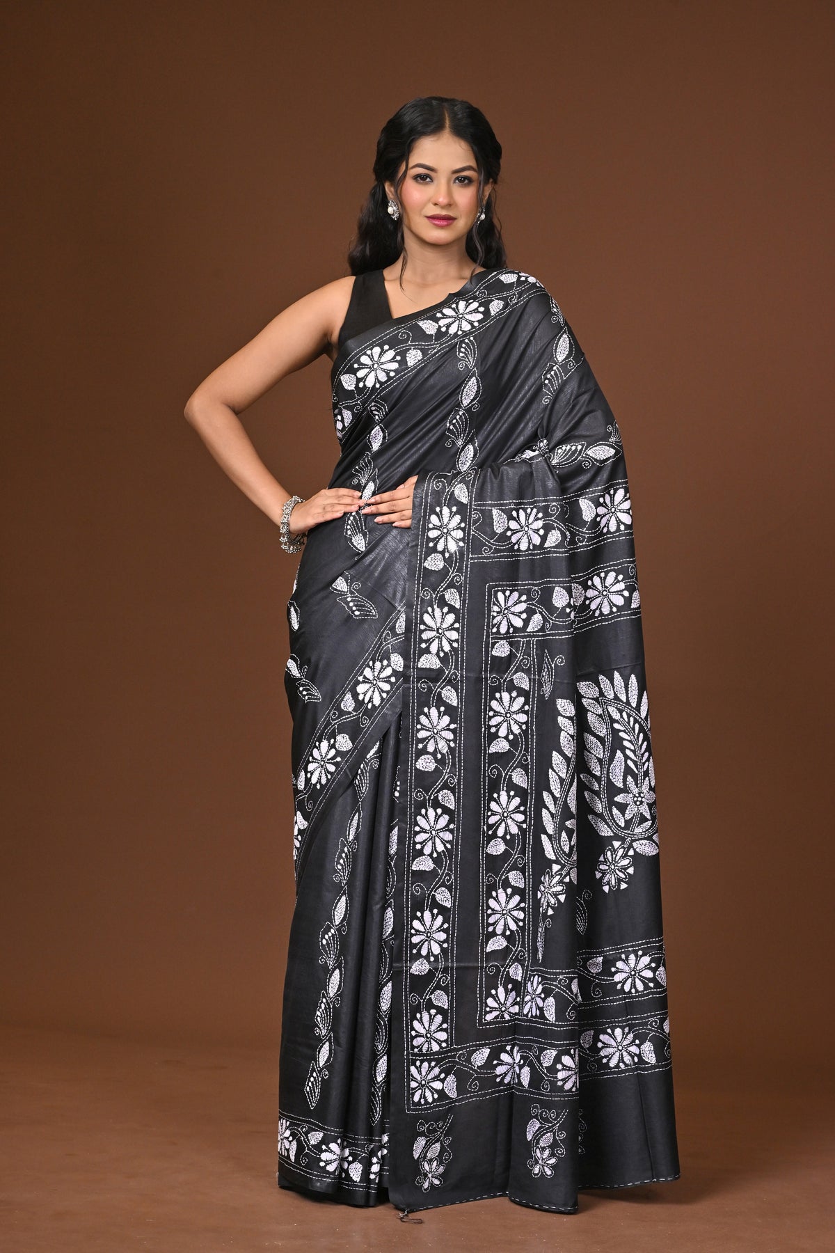 Blended Silk Kantha Stitch Saree Black