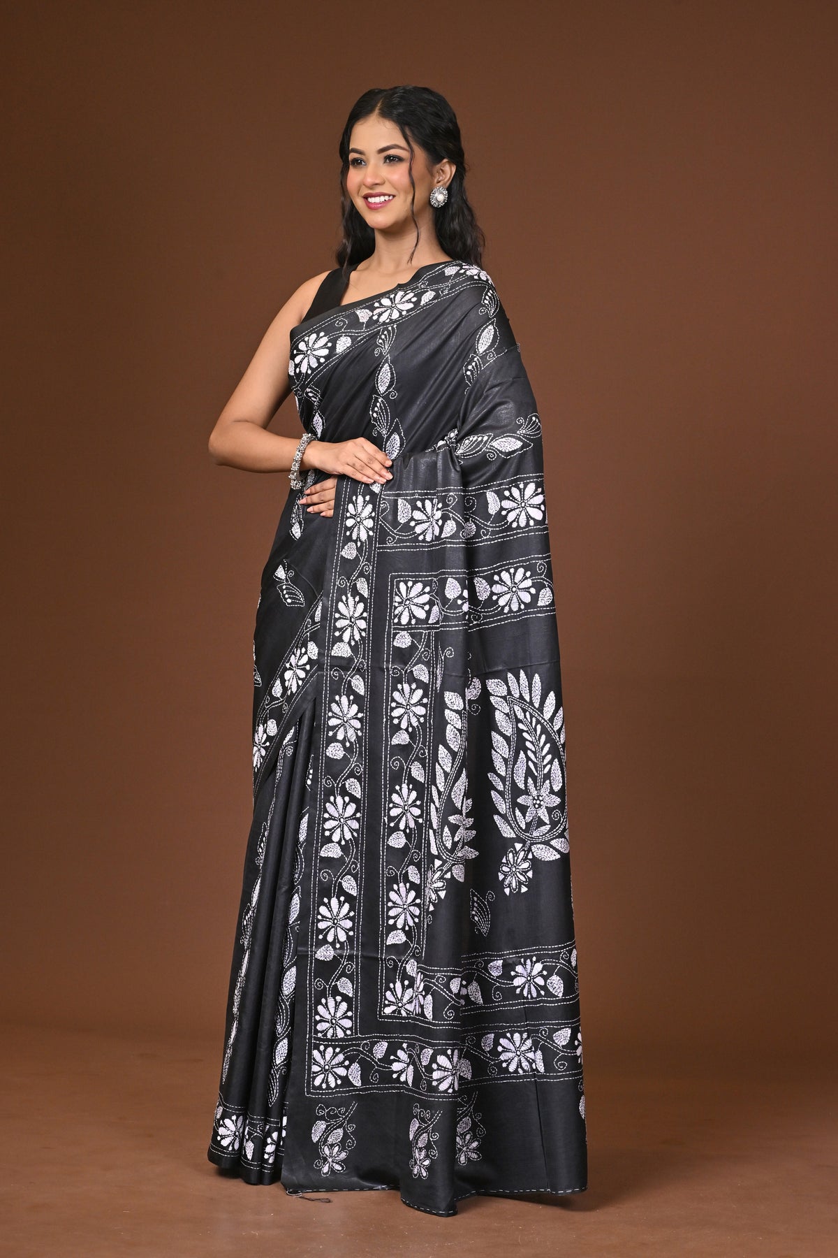 Blended Silk Kantha Stitch Saree Black