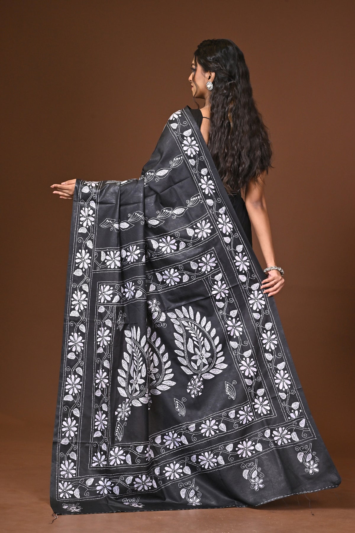 Blended Silk Kantha Stitch Saree Black