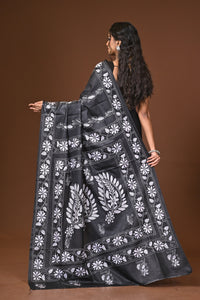 Blended Silk Kantha Stitch Saree Black