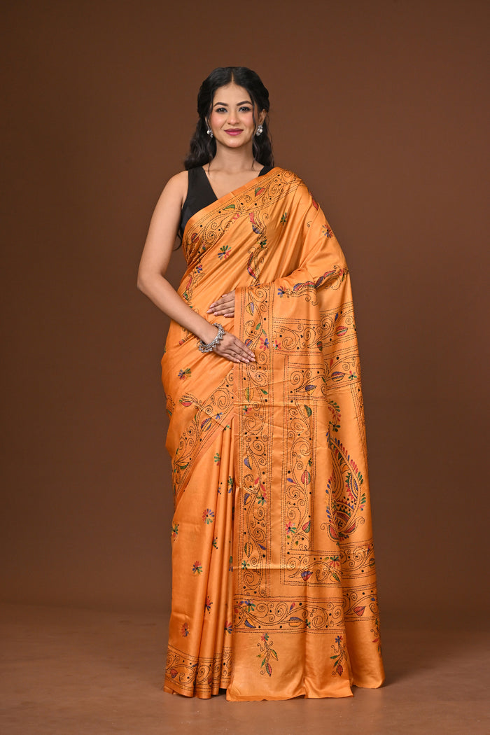 Blended Silk Kantha Stitch Saree
