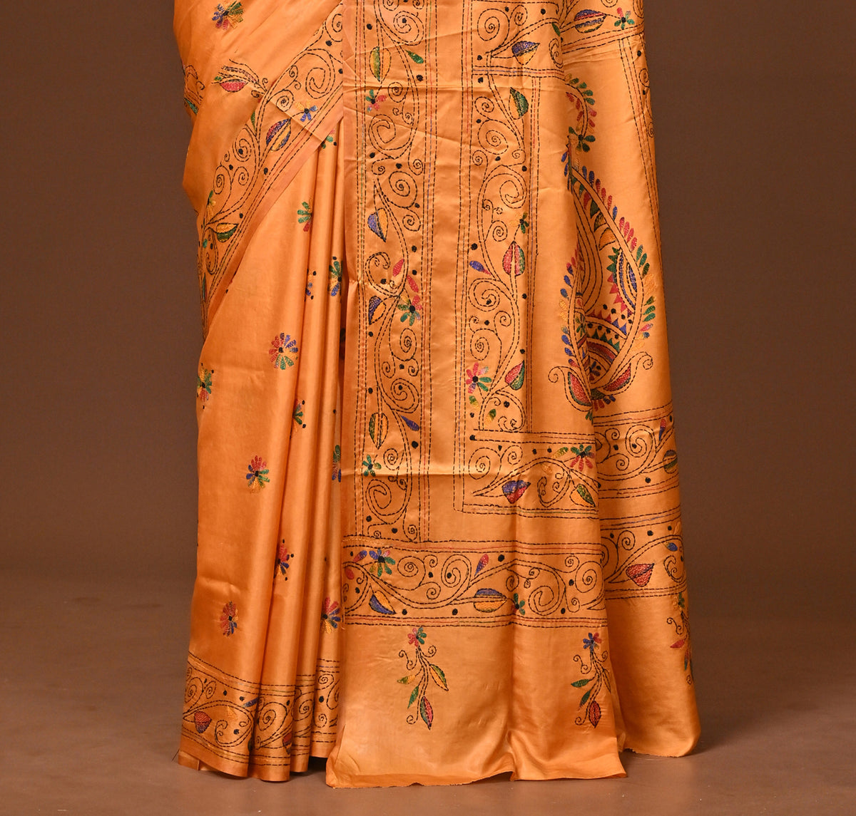 Blended Silk Kantha Stitch Saree Yellow