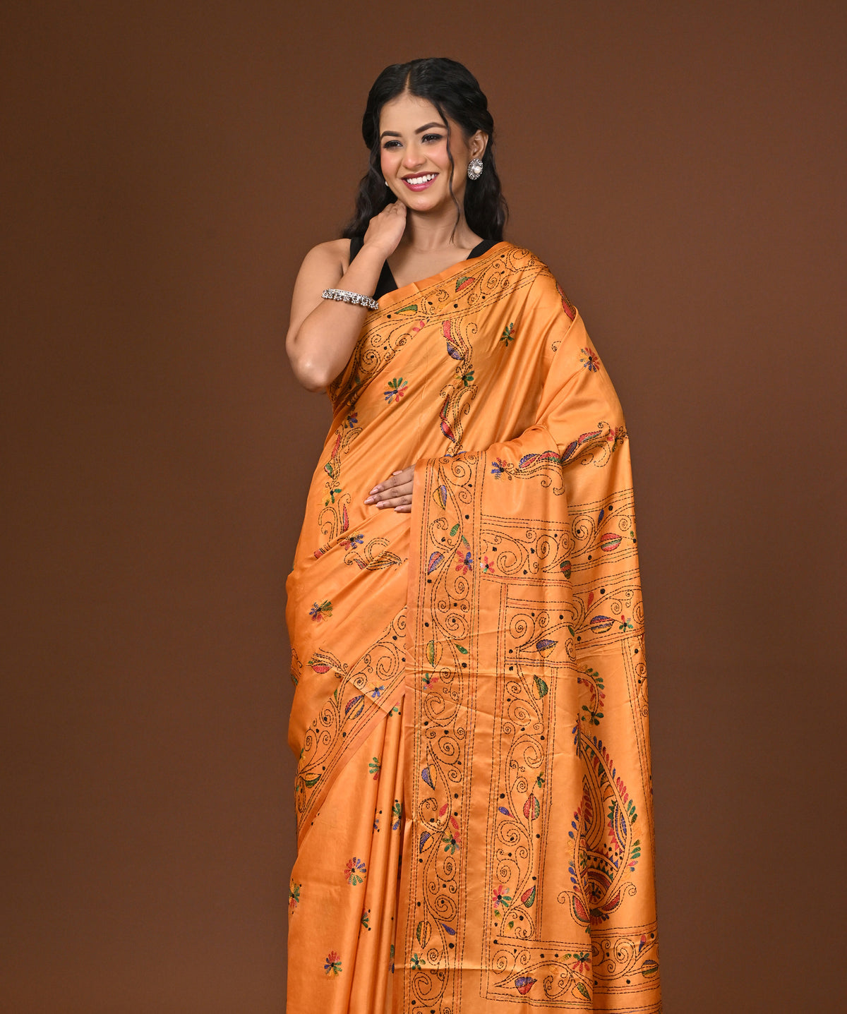 Blended Silk Kantha Stitch Saree Yellow