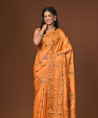 Blended Silk Kantha Stitch Saree Yellow