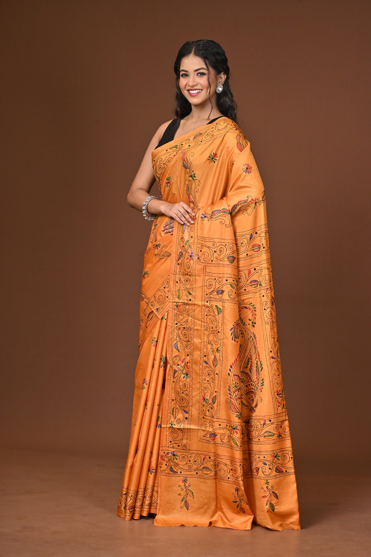 Blended Silk Kantha Stitch Saree Yellow