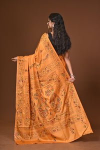 Blended Silk Kantha Stitch Saree Yellow