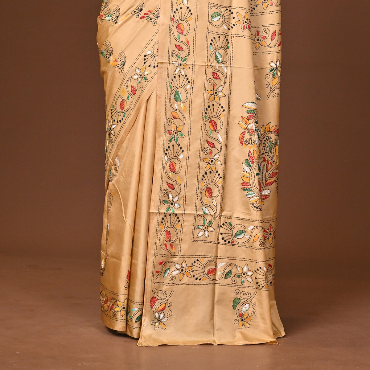 Blended Silk Kantha Stitch Saree Beige