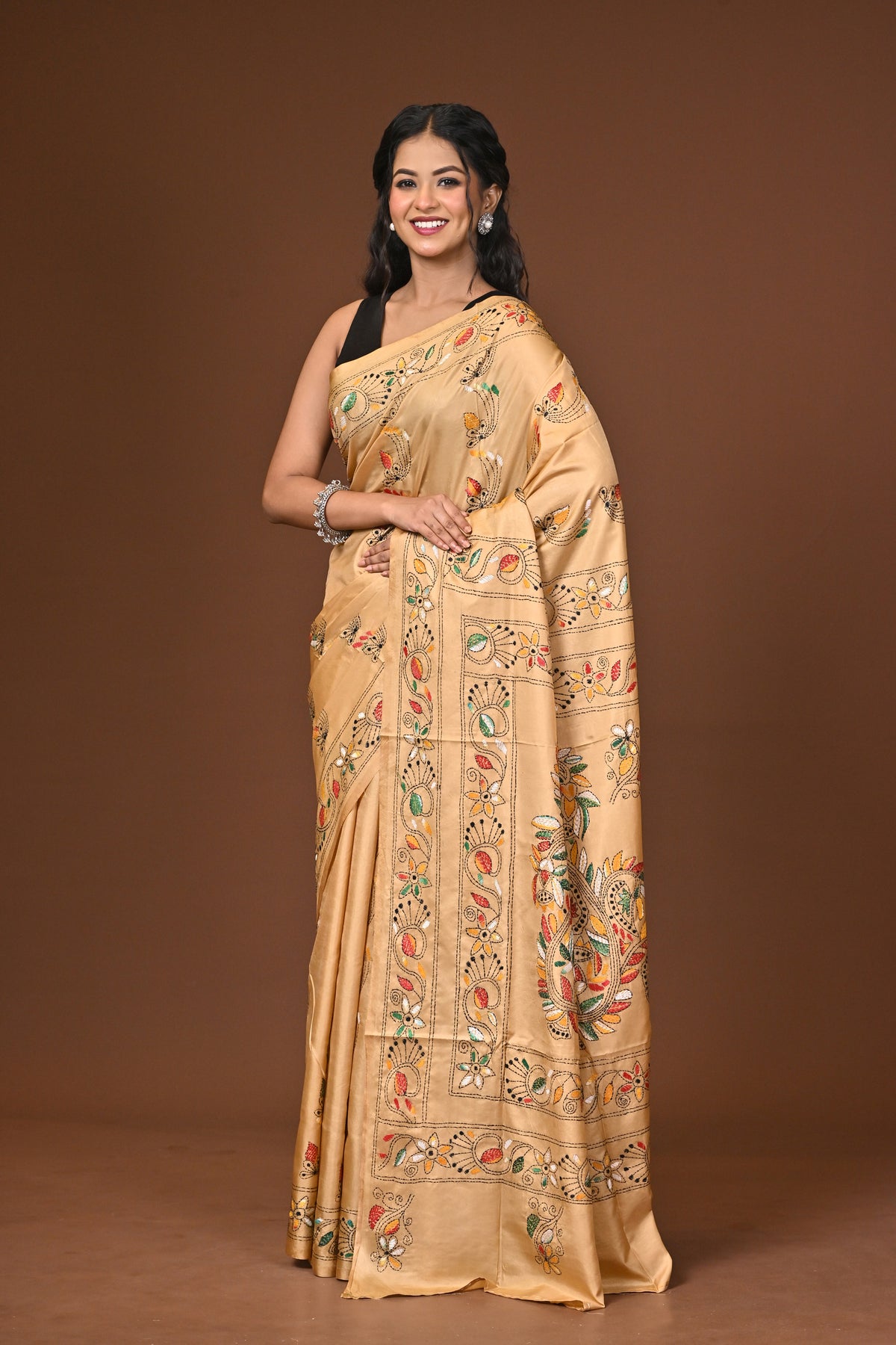 Blended Silk Kantha Stitch Saree Beige