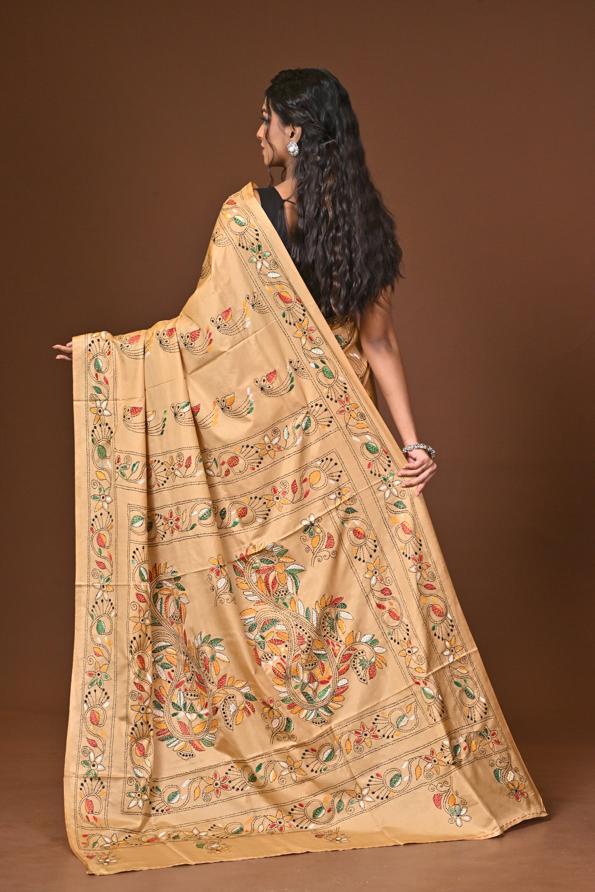 Blended Silk Kantha Stitch Saree Beige