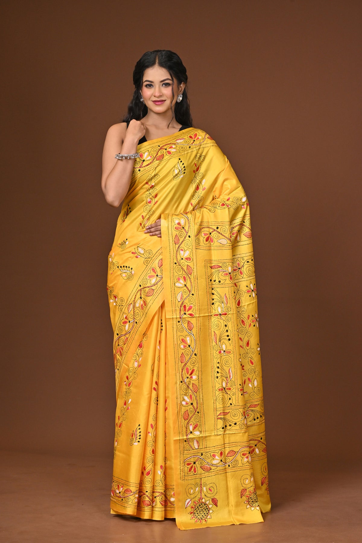 Blended Silk Kantha Stitch Saree Yellow