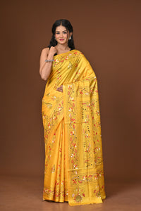 Blended Silk Kantha Stitch Saree Yellow