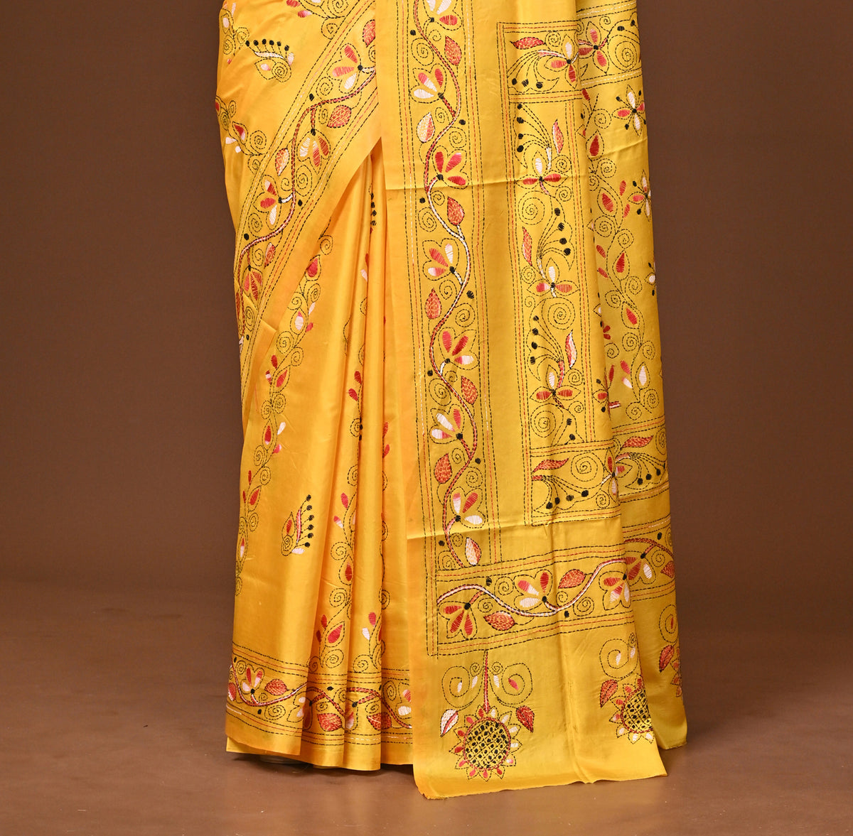 Blended Silk Kantha Stitch Saree Yellow