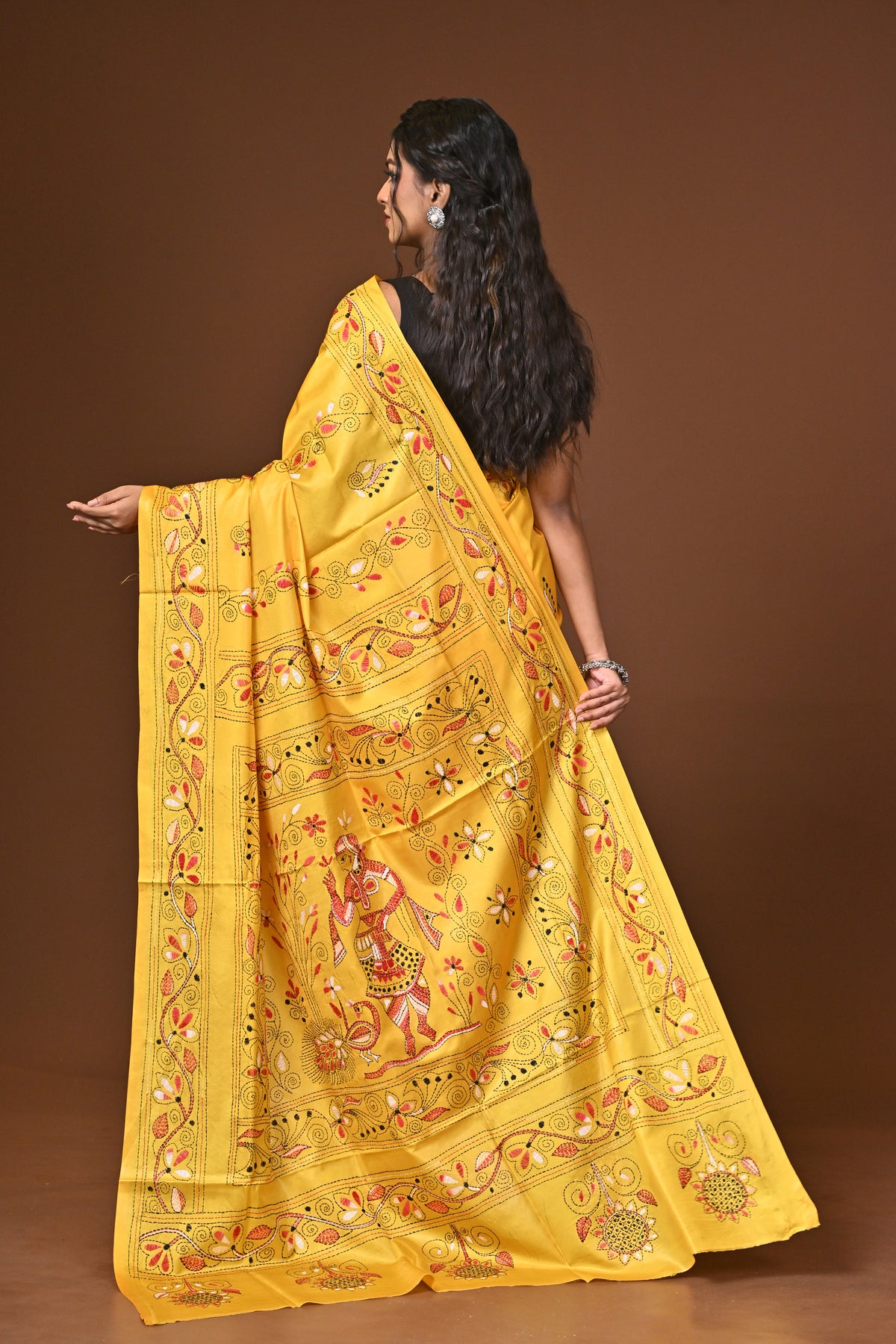 Blended Silk Kantha Stitch Saree Yellow