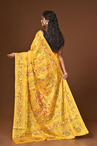 Blended Silk Kantha Stitch Saree Yellow