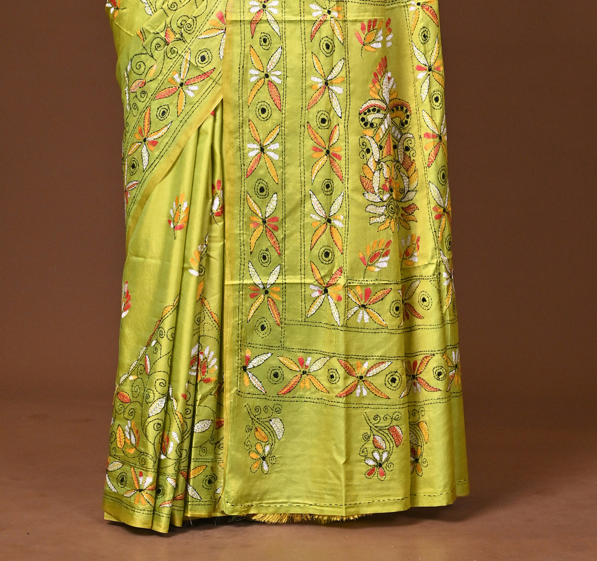 Blended Silk Kantha Stitch Saree Lime Yellow