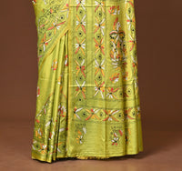 Blended Silk Kantha Stitch Saree Lime Yellow