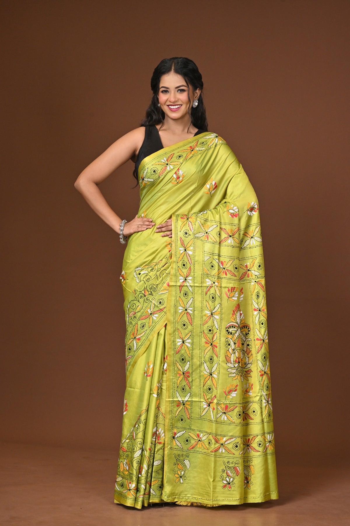 Blended Silk Kantha Stitch Saree Lime Yellow