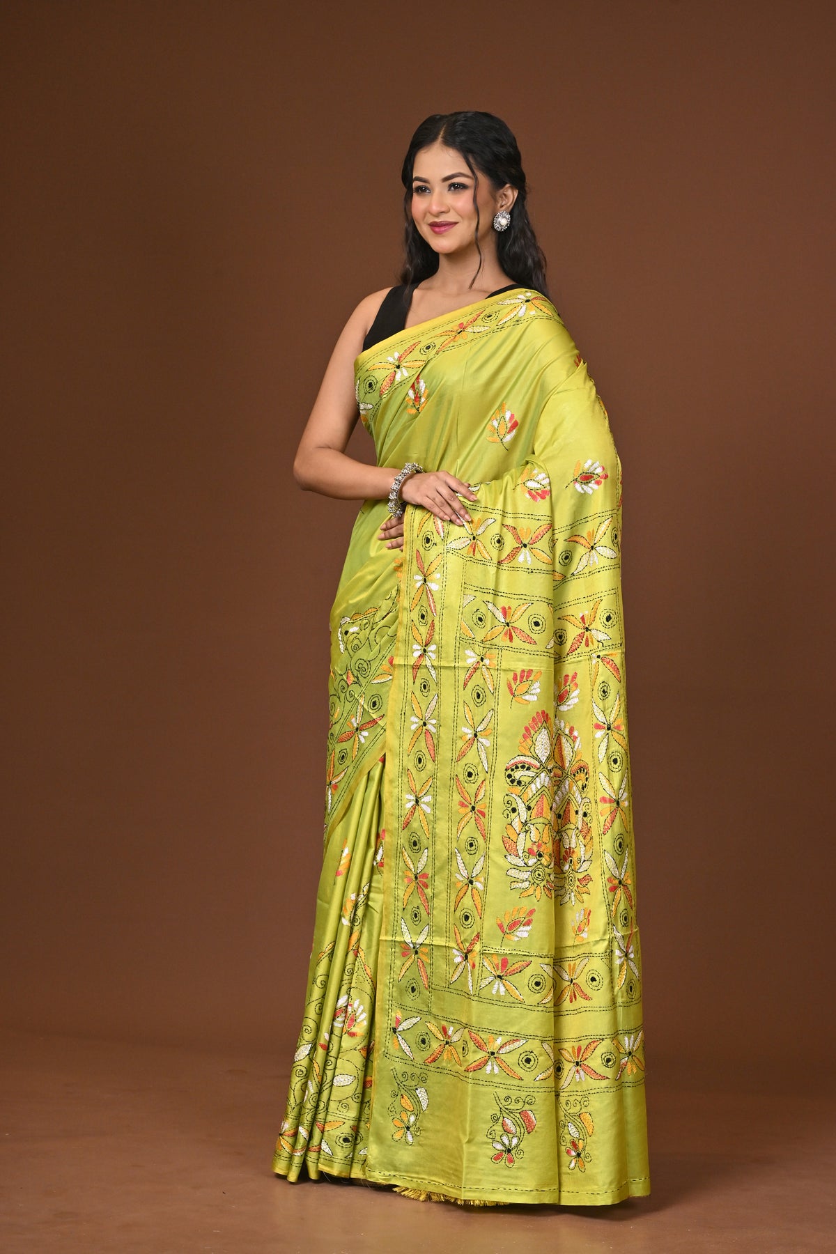 Blended Silk Kantha Stitch Saree Lime Yellow