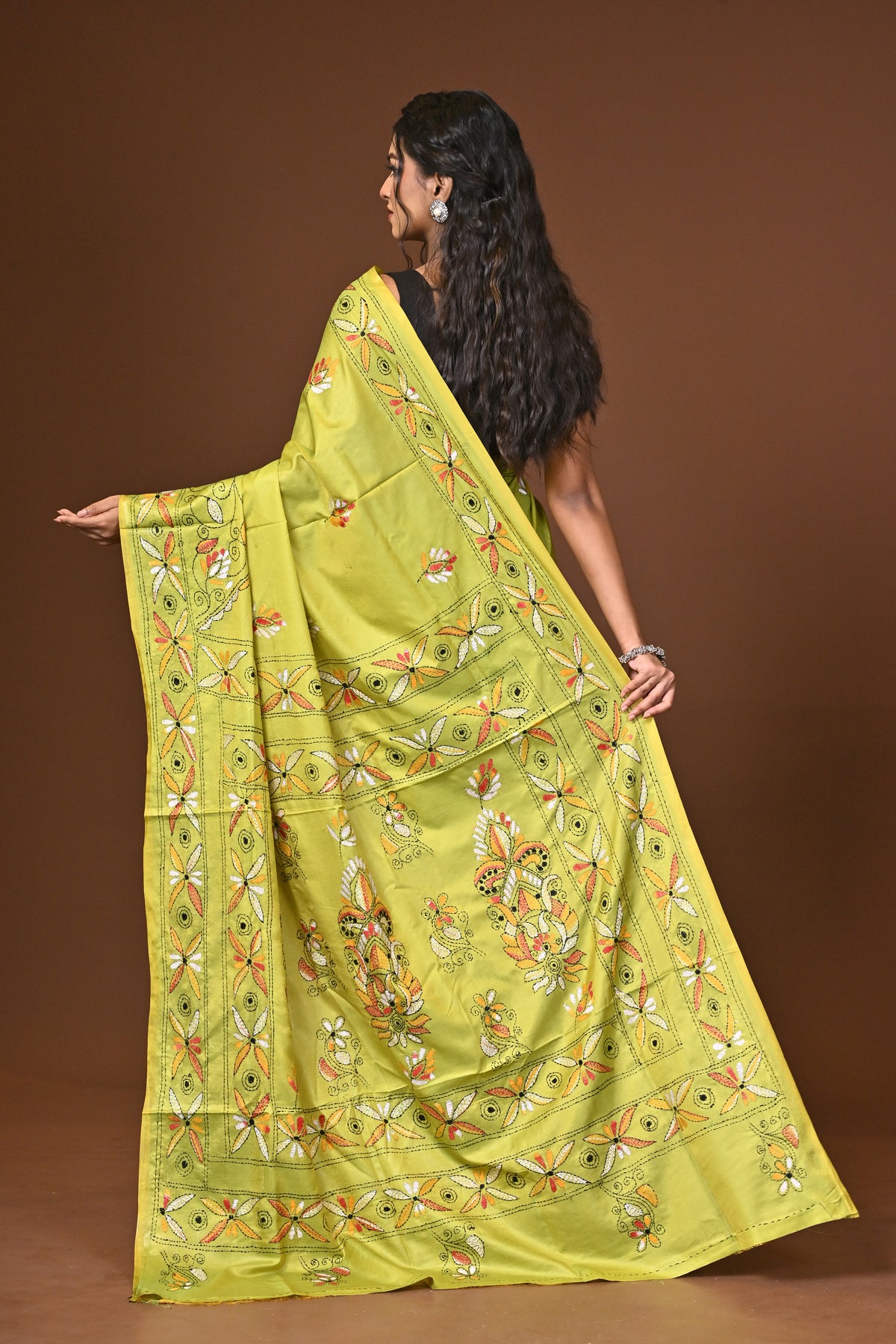 Blended Silk Kantha Stitch Saree Lime Yellow