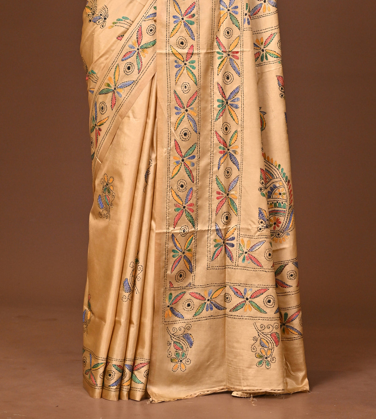 Blended Silk Kantha Stitch Saree Beige