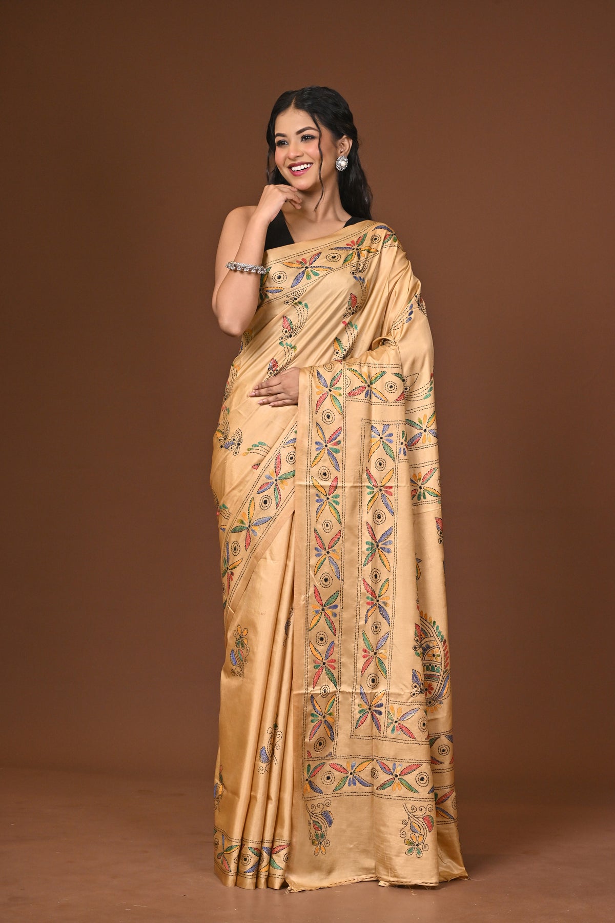 Blended Silk Kantha Stitch Saree Beige