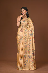 Blended Silk Kantha Stitch Saree Beige