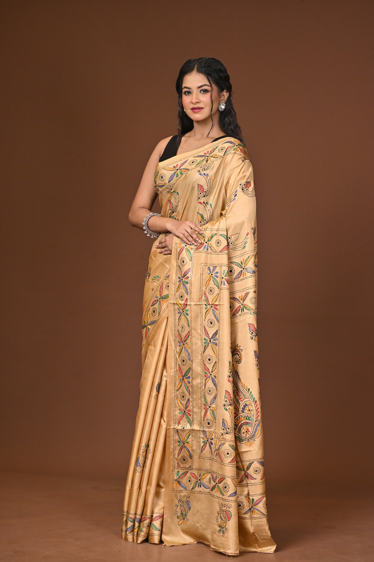 Blended Silk Kantha Stitch Saree Beige