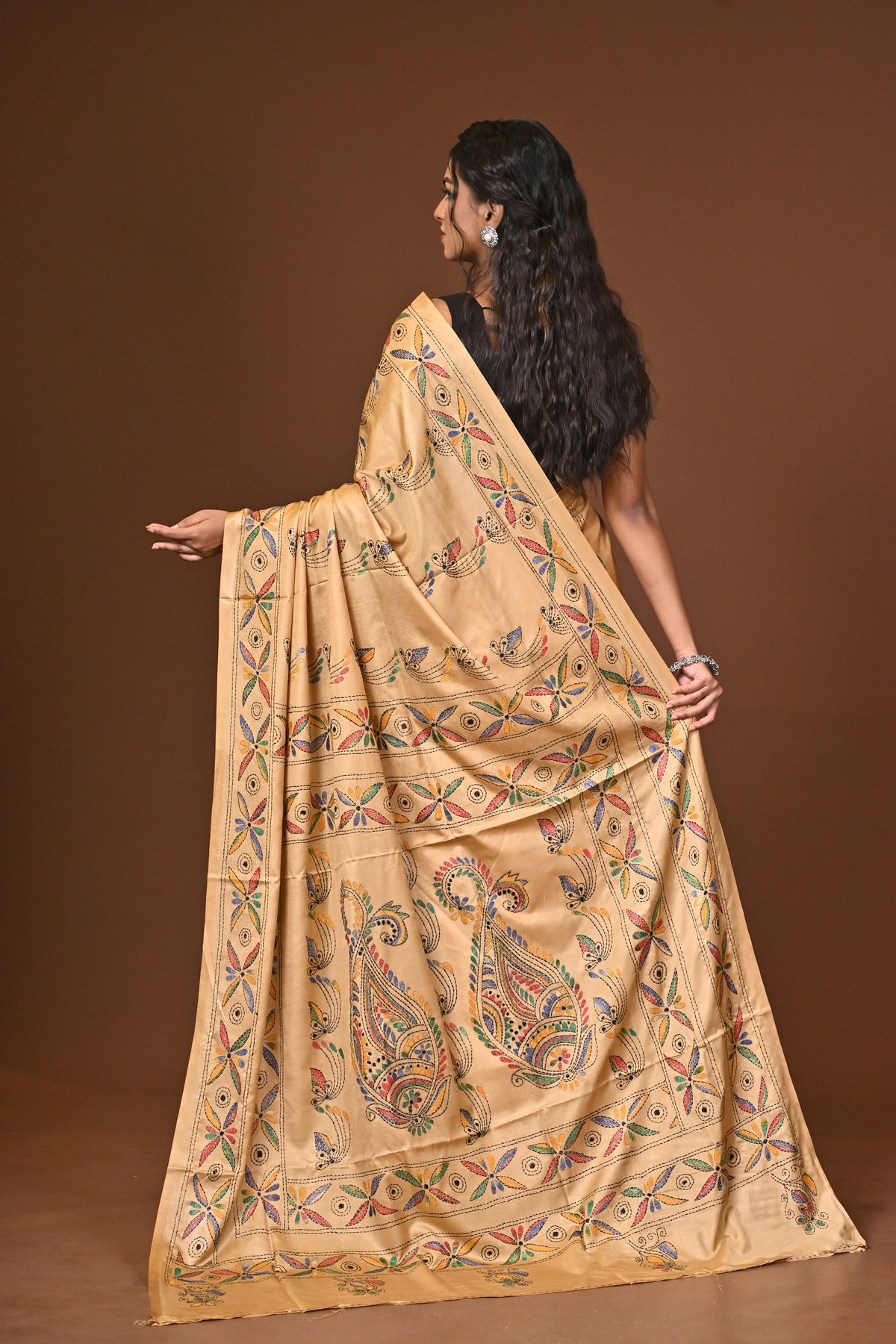 Blended Silk Kantha Stitch Saree Beige
